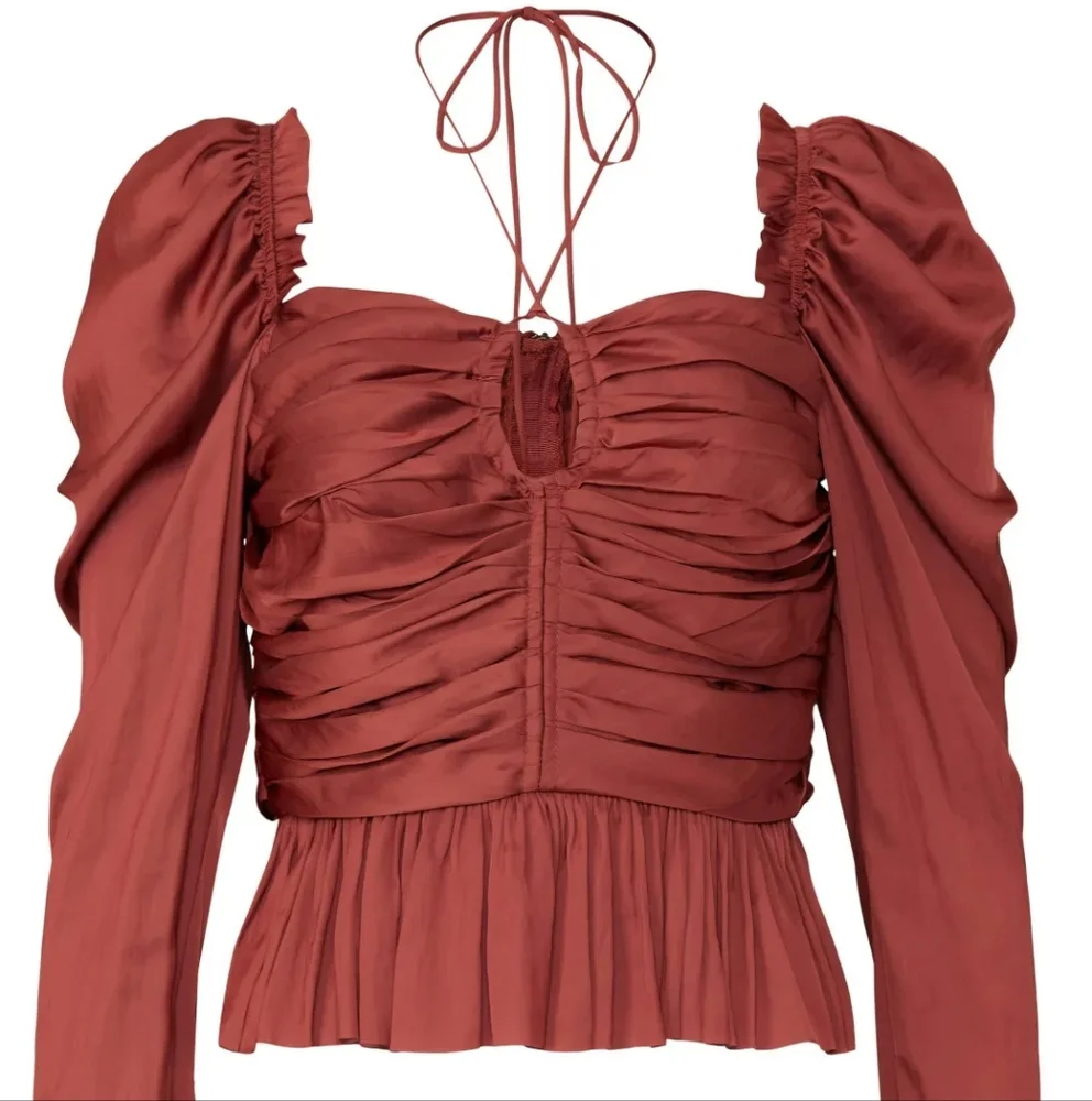 ULLA JOHNSON Mirelle Tie Halter Peplum Blouse Desert Rose Long Sleeve Size 8